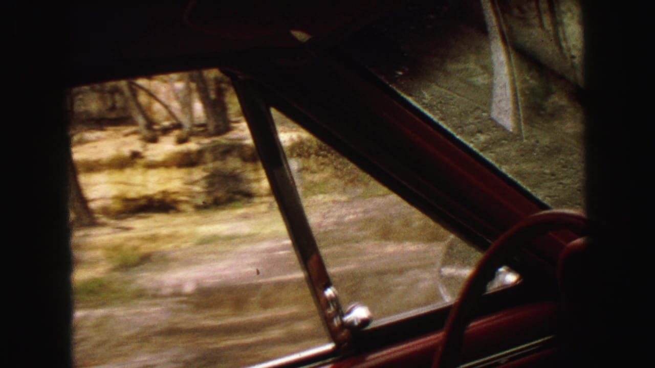 View through a car side window with steering wheel, red interior trim, road edge, and trees outside.