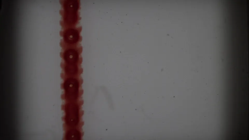 A vertical red strip or film artifact appears against a pale 8mm frame, with visible grain and edge darkening.