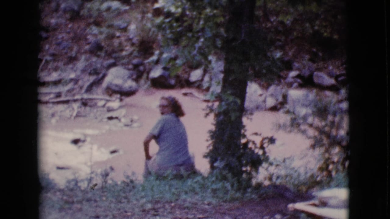 Woman seated beside a rocky stream in a wooded area.