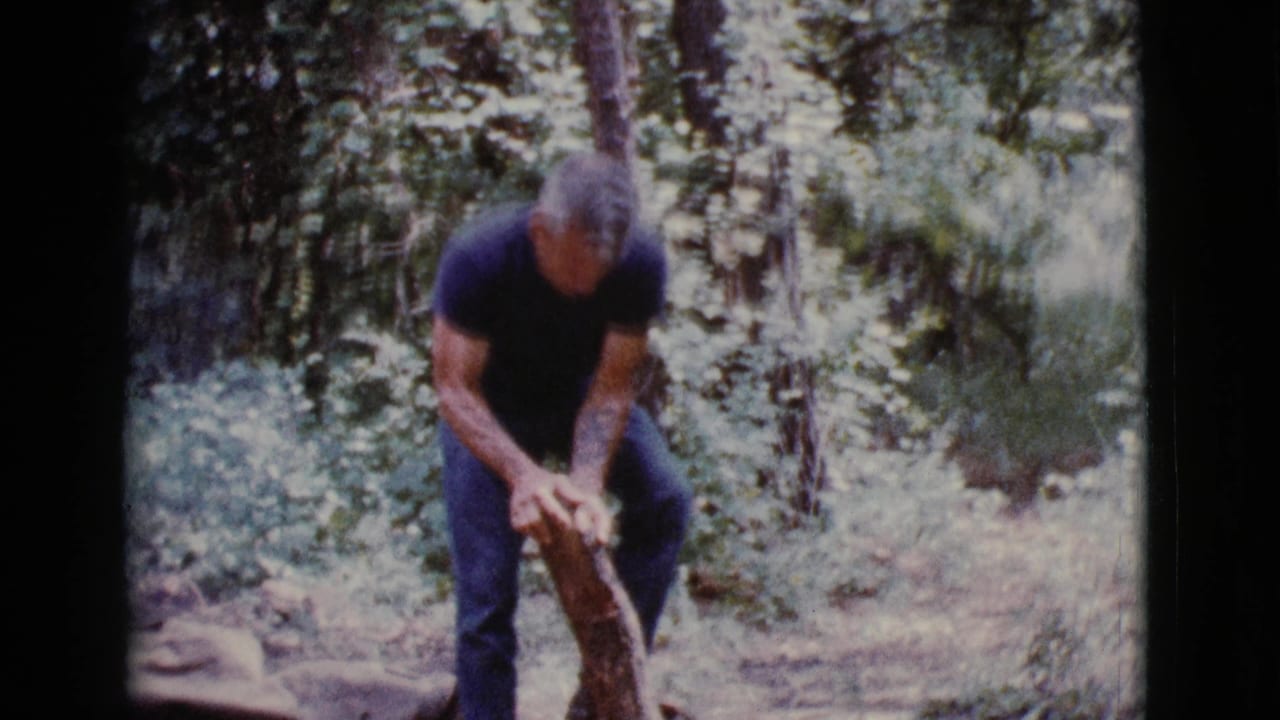 Adult man grips a split log while standing among trees and brush.