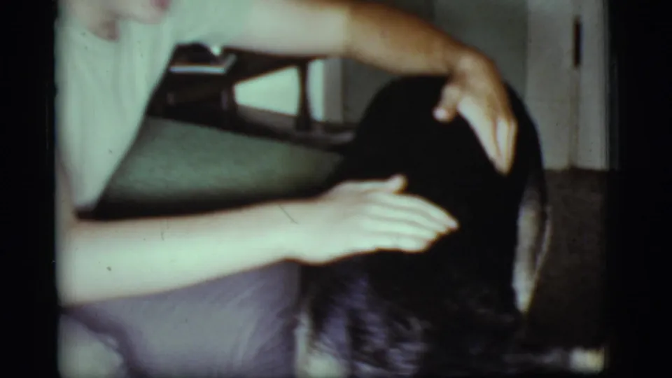 Close home-movie view of hands stroking the German Shepherd's back near upholstered furniture in the private interior.