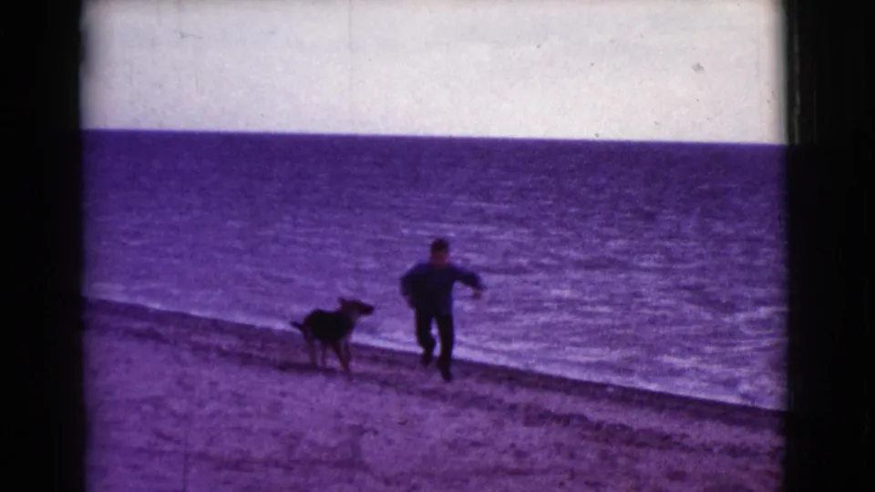 A person runs or walks along the shoreline with a dog nearby, seen in purple-tinted 1968 home-movie footage.