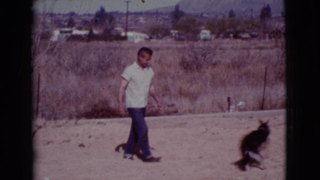 In Cottonwood, Arizona, 1968, a man walks through a dry open field as a dark dog runs ahead of him.