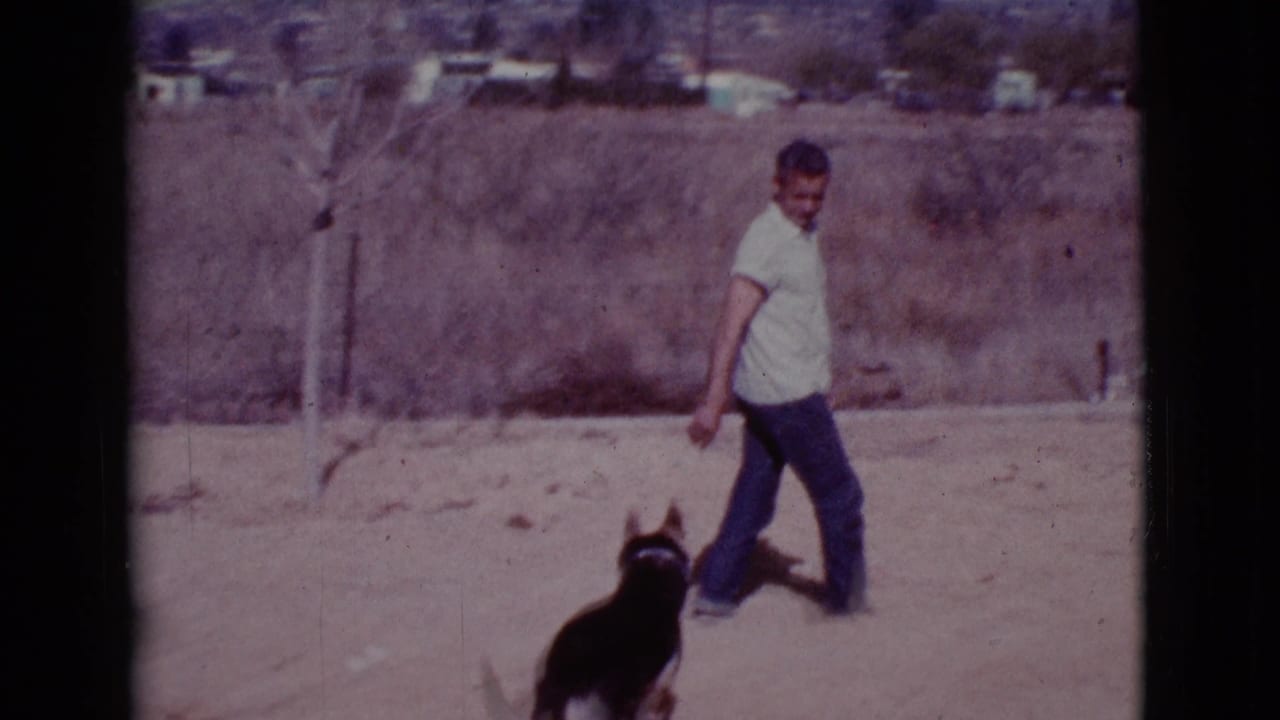 In Cottonwood, Arizona, 1968, a man in a white short-sleeve shirt walks beside a black-and-white dog on dusty ground.