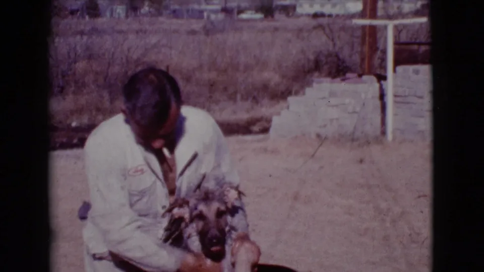 The man holds the German Shepherd-type dog close while washing it in the sunlit Cottonwood yard.