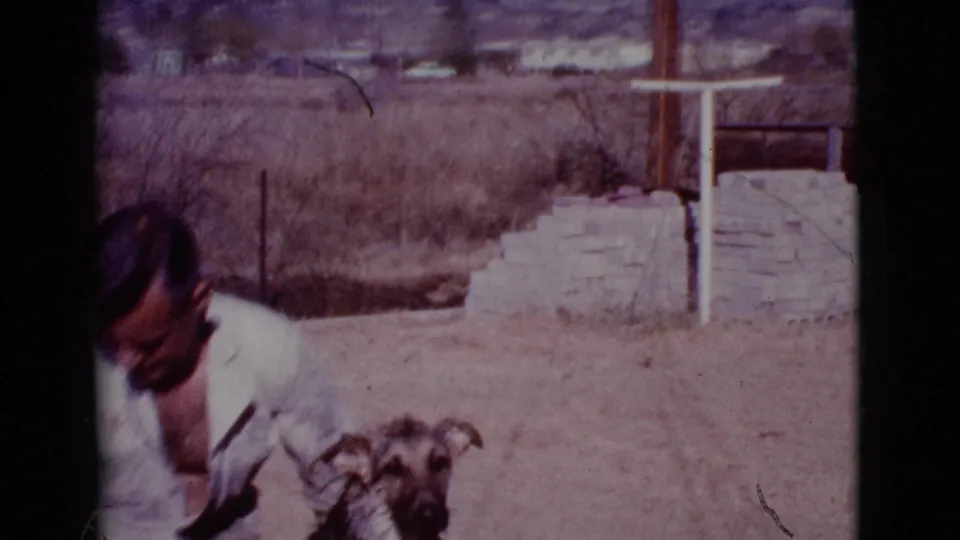 A medium-sized dog faces the camera while the crouching man remains partly in frame in the Cottonwood, Arizona yard.