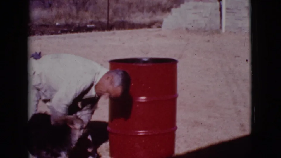 The man bends close to the German Shepherd as it moves near the red metal drum in the 1968 Cottonwood yard scene.