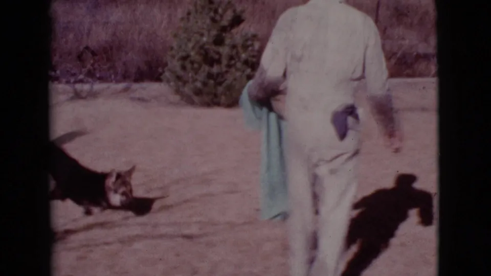 The black and tan dog stays low near the man with the pale blue towel during the 1968 Cottonwood backyard play scene.