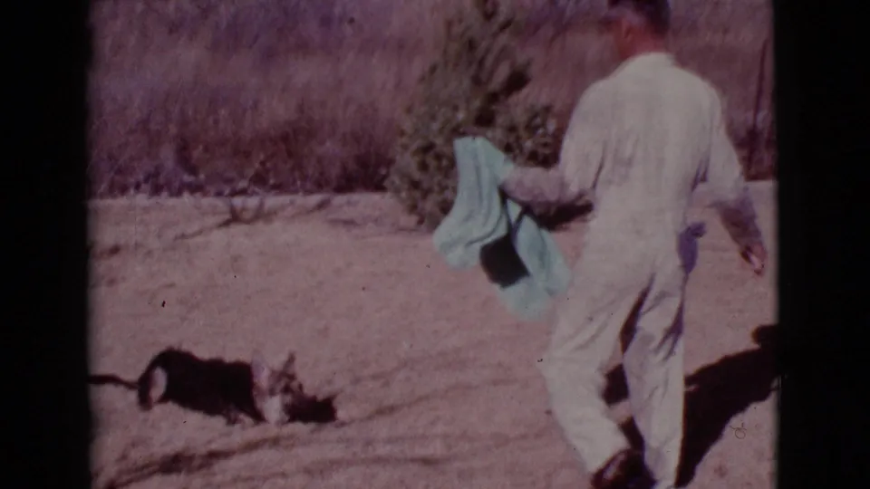 In a 1968 Cottonwood, Arizona home movie frame, a man in pale coveralls approaches a dog with a green towel across dry ground.