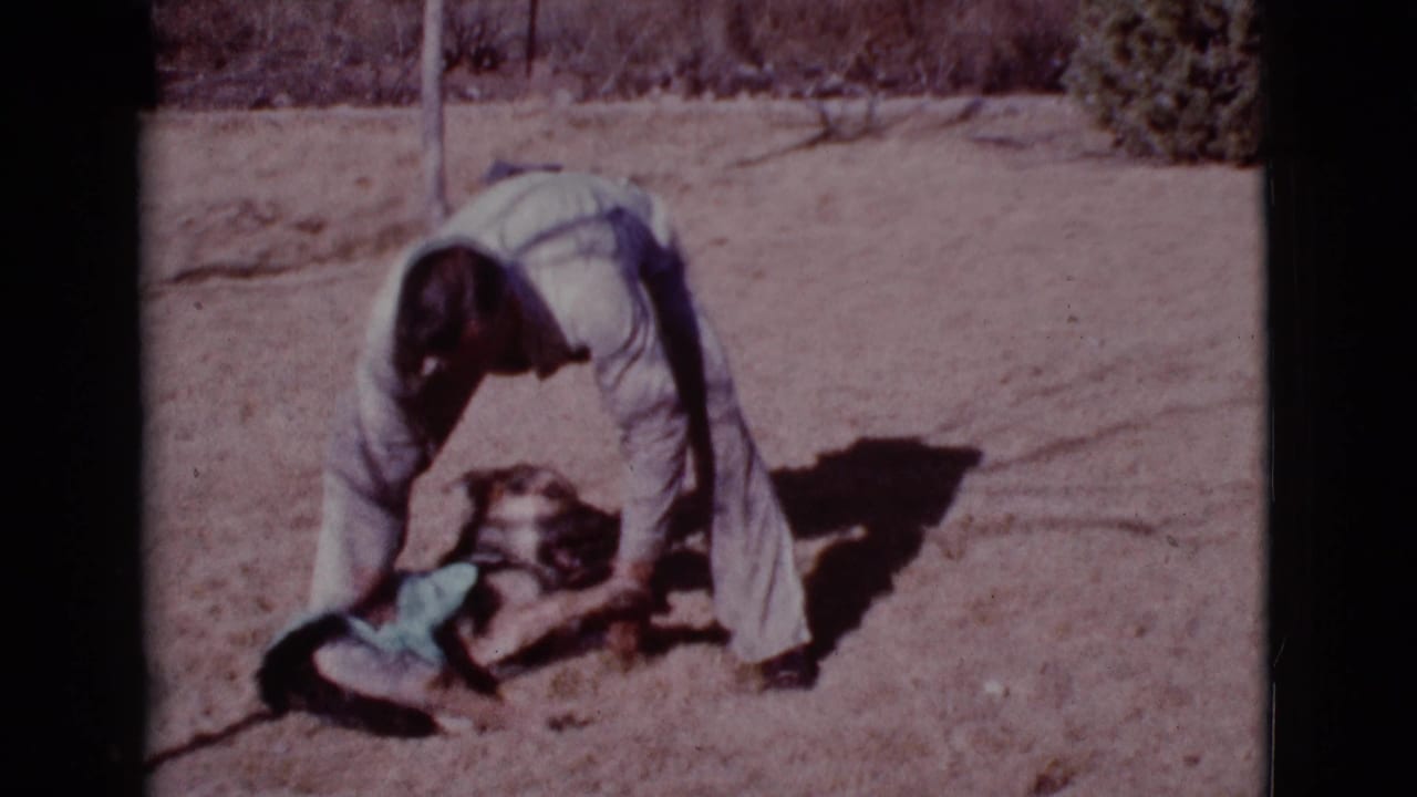 Man bends over a German Shepherd tugging a green blanket in a dusty yard.