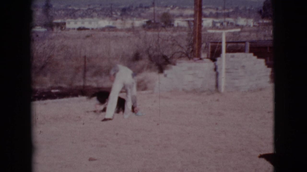 Man in white bends toward a black and tan dog in a dusty yard.