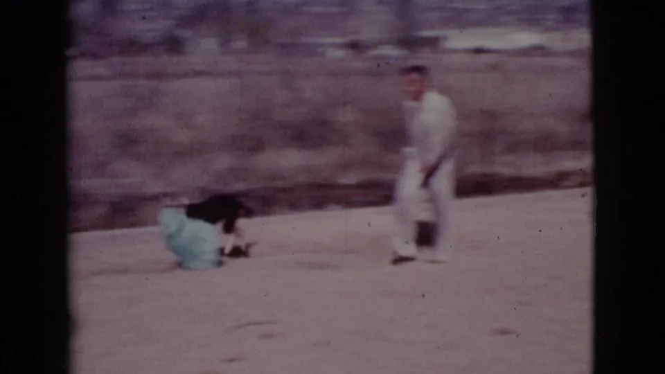 The dog appears to grip or pull a teal towel as the man in white watches in a sunlit Arizona yard.
