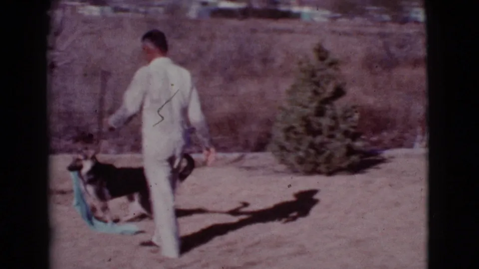 At the end of the 1968 Cottonwood clip, the man and German Shepherd move across the dry yard with the teal towel between them.