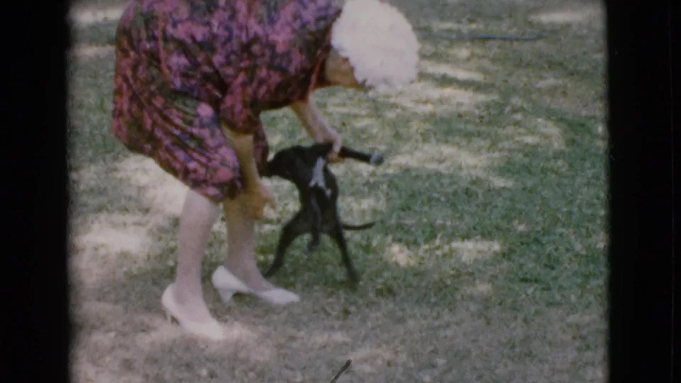 In 1968 Cottonwood, Arizona home-movie footage, a woman in a floral dress and white heels bends toward a small black puppy in a yard.