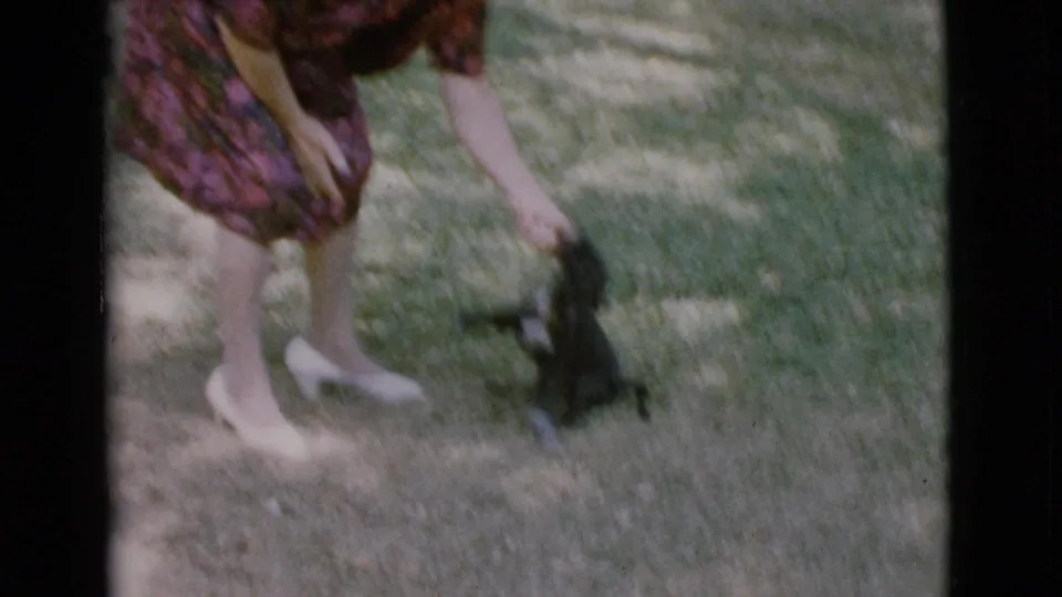 The woman reaches down toward the small black puppy as it moves through the grass in the home-movie yard scene.