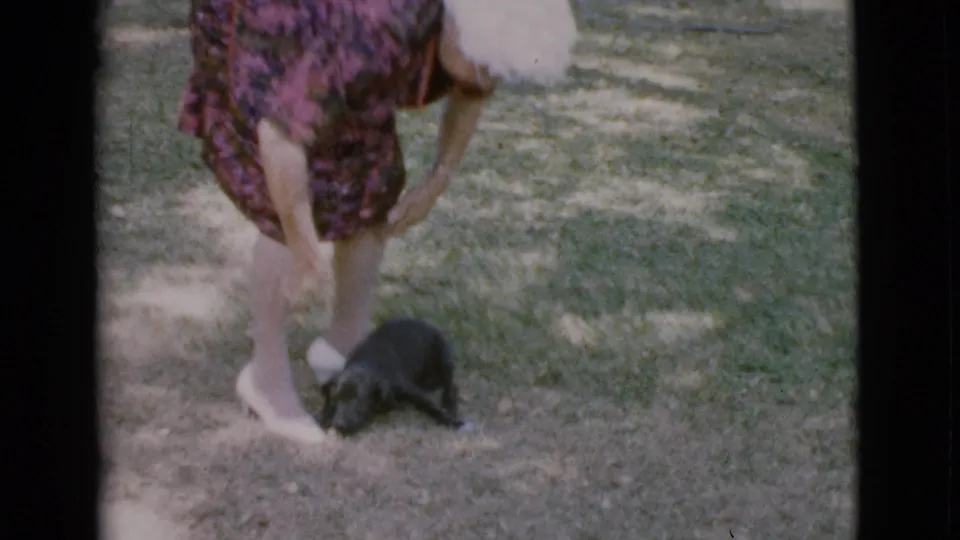 A gray-haired woman in a floral dress bends over a small black puppy in the Cottonwood, Arizona yard.