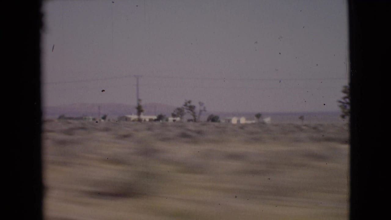 Blurred dry roadside landscape with utility poles, sparse trees, distant buildings, and hazy sky.