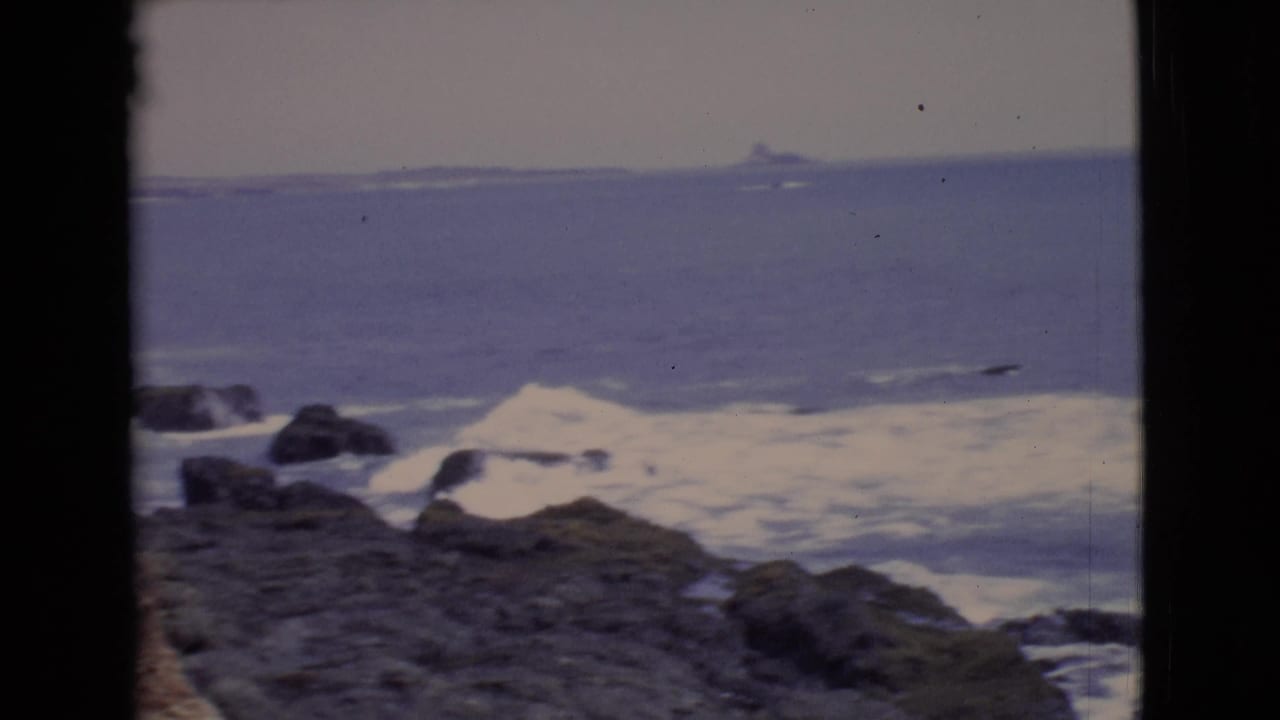 Rocky shoreline with waves breaking under a muted ocean horizon.