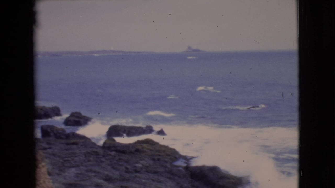 Rocky ocean shoreline with surf and a distant vessel on the horizon.