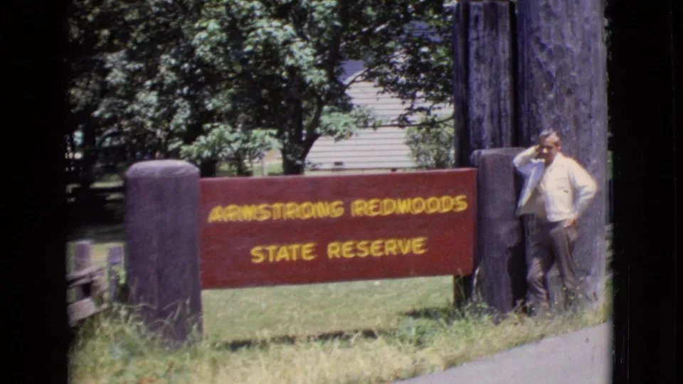 A home-movie view shows the red Armstrong Redwoods State Reserve sign, yellow text, and a man leaning near the right support post.
