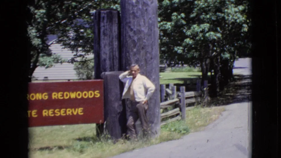 The final frame crops the Armstrong Redwoods sign at left while the man leans by the tall post along the paved path.