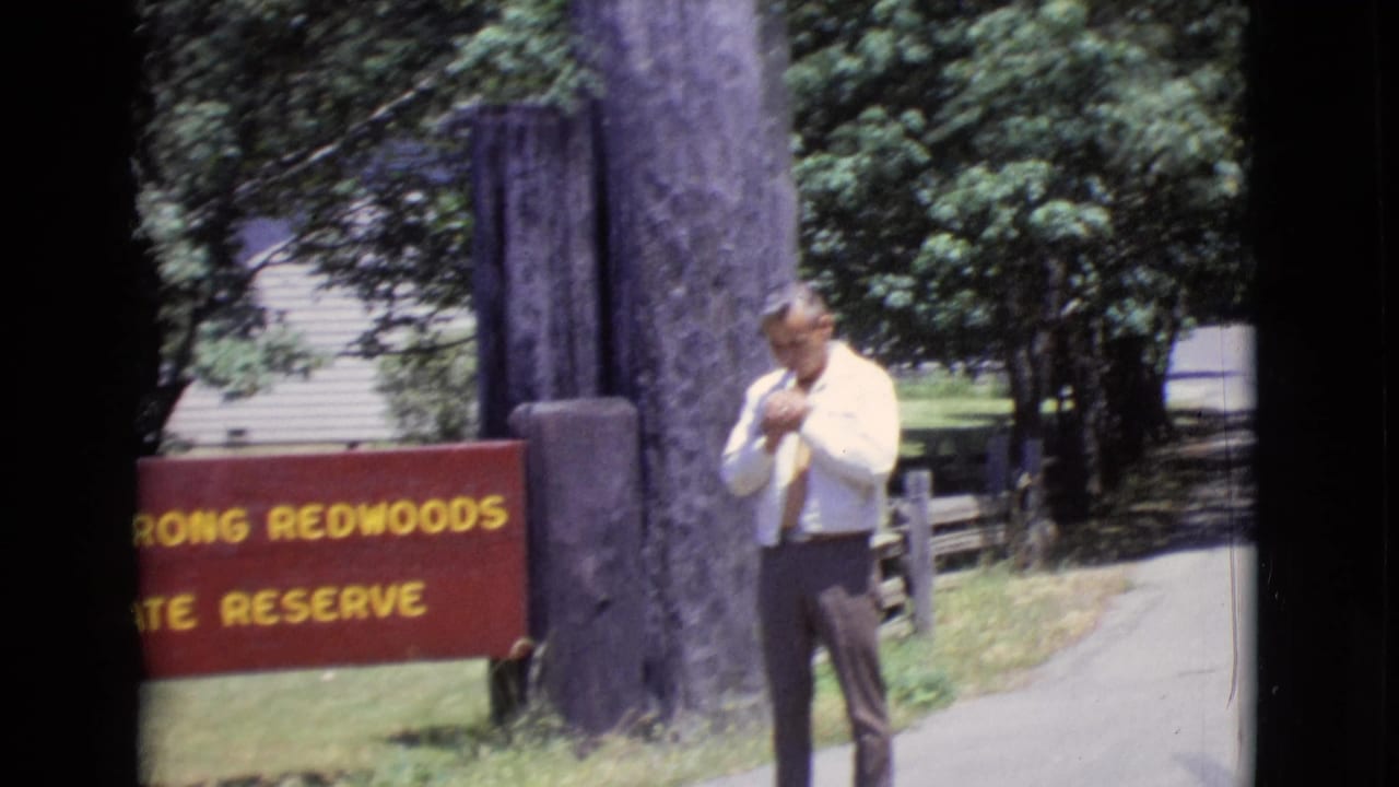Man in shirt and tie stands near an Armstrong Redwoods State Reserve sign by trees.