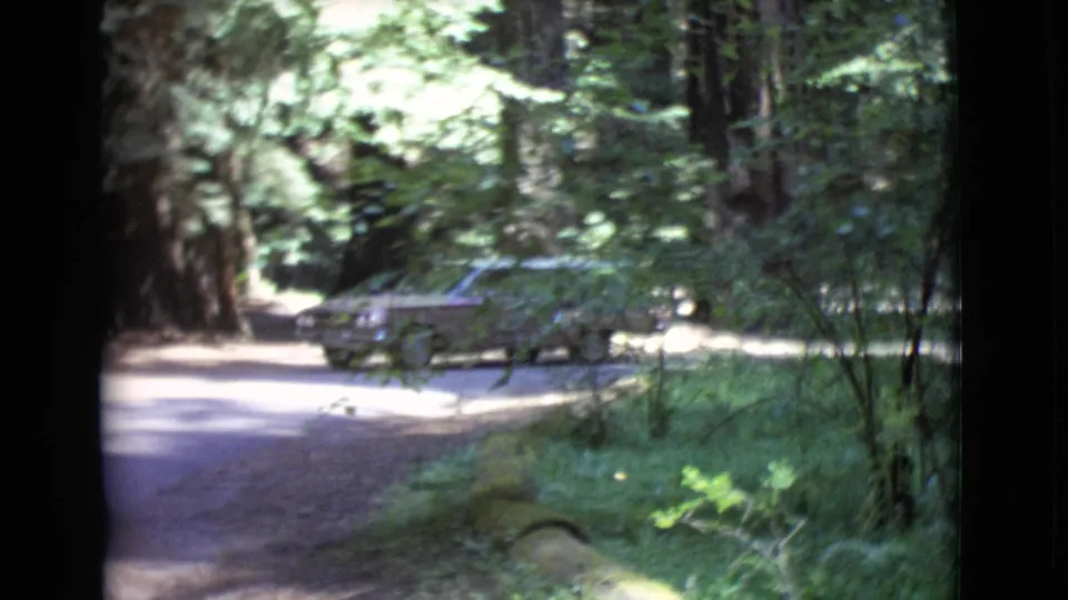 1968 San Diego County home-movie frame with a brown station wagon moving along a shaded road among tall trees.