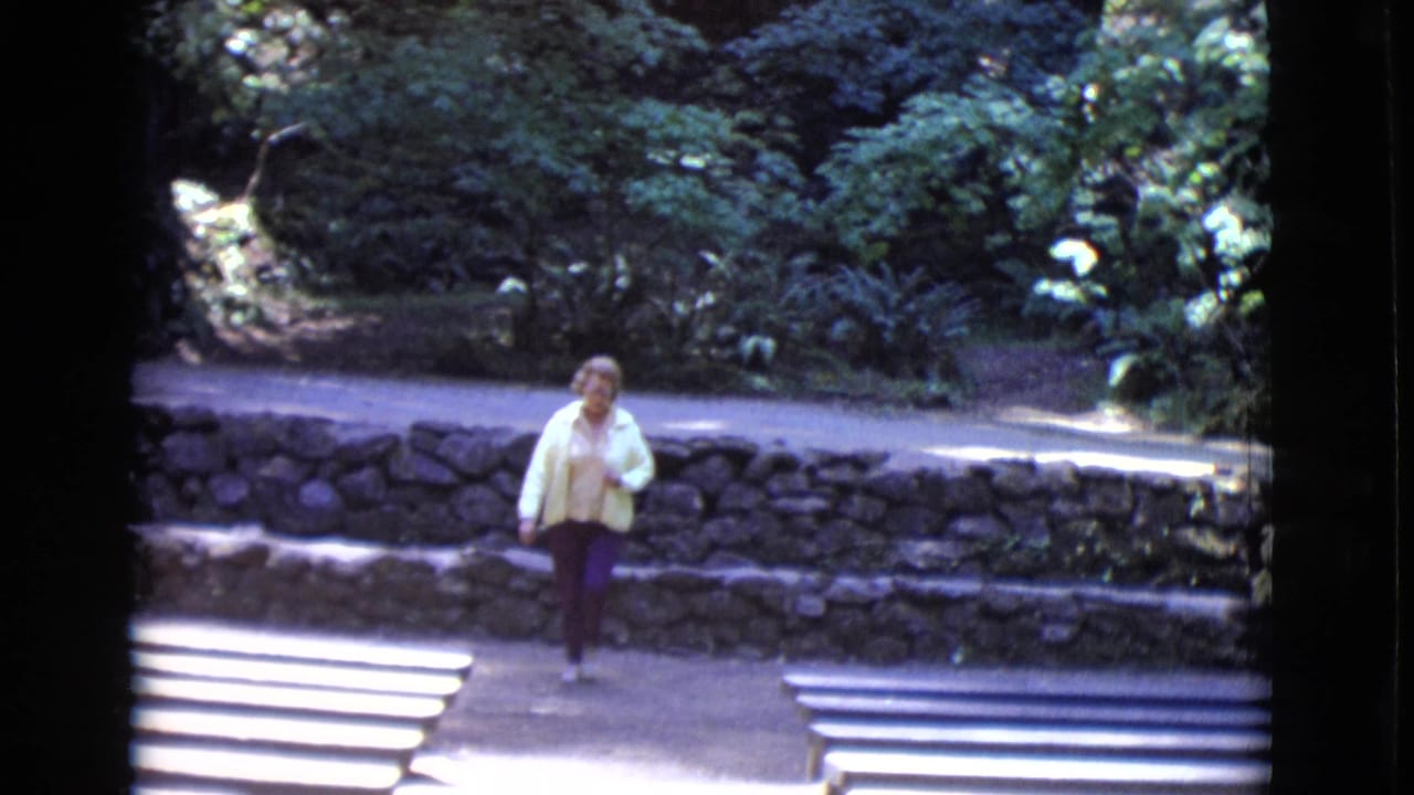 Woman in a yellow jacket walking near a low stone wall and wooden steps in a wooded park.