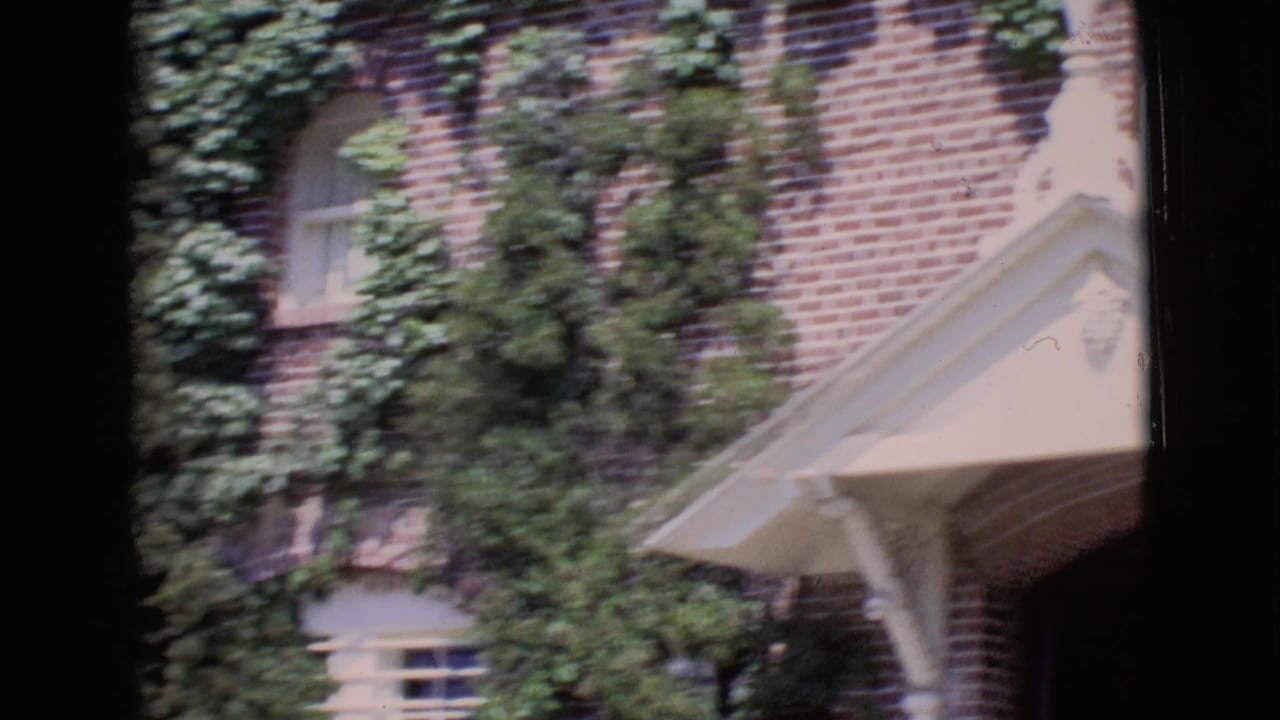 Ivy-covered brick wall with windows and part of a white awning at right.