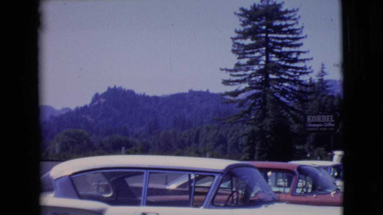 1968 8mm frame of classic cars at a San Diego County scenic overlook with a pine tree, wooded hills, and KORBEL signage.