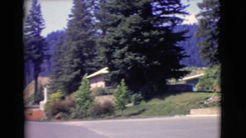 1968 San Diego County 8mm view of a wooded roadside with landscaping, a low building, and a paved road in the foreground.