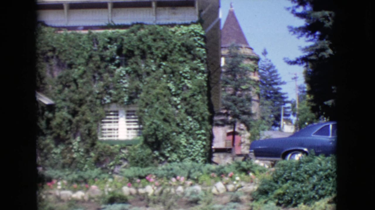 Ivy-covered wall, shuttered window, stone tower edge, trees, and a blue car partly visible at right.