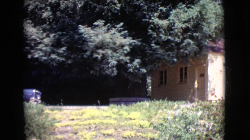 1968 San Diego County frame with part of a blue car, a small house, shrubs, stone edging, and trees.
