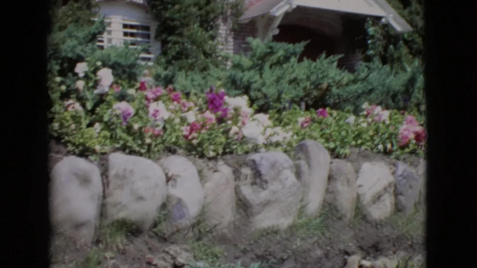 1968 San Diego County garden pan showing flowers, shrubs, stone edging, and a partial residential exterior behind the planting.