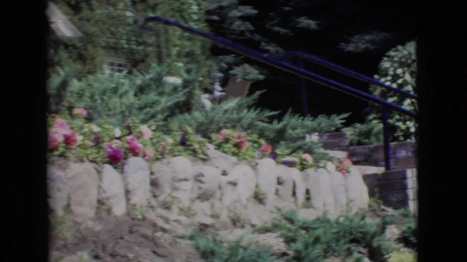 1968 8mm San Diego County garden view with flowers, shrubs, stone edging, steps, and a blue handrail near the property entrance.