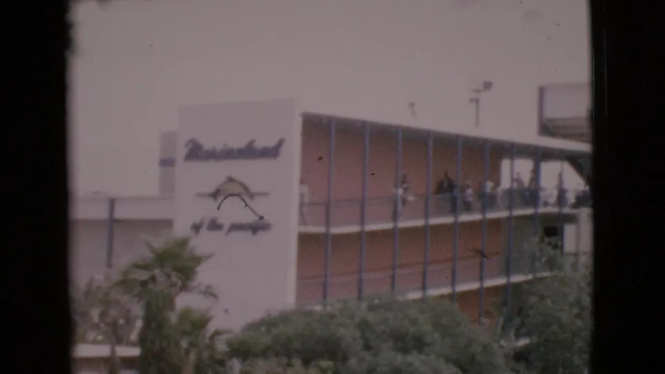 MarineLand of the Pacific signage and an upper observation balcony with visitors visible along the 1968 attraction building.