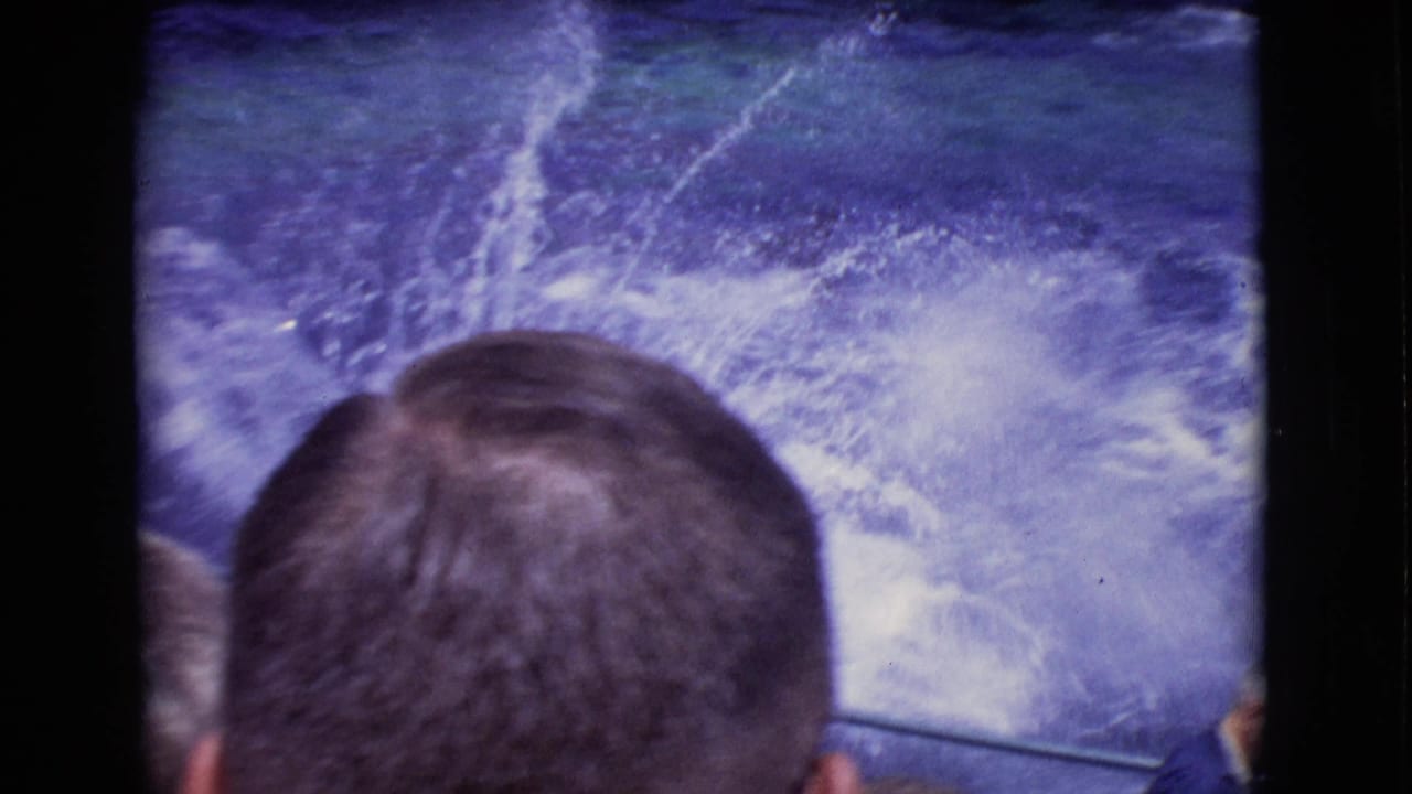1968 San Diego County home-movie frame showing spectators from behind watching a dolphin splash in a large blue aquarium pool.