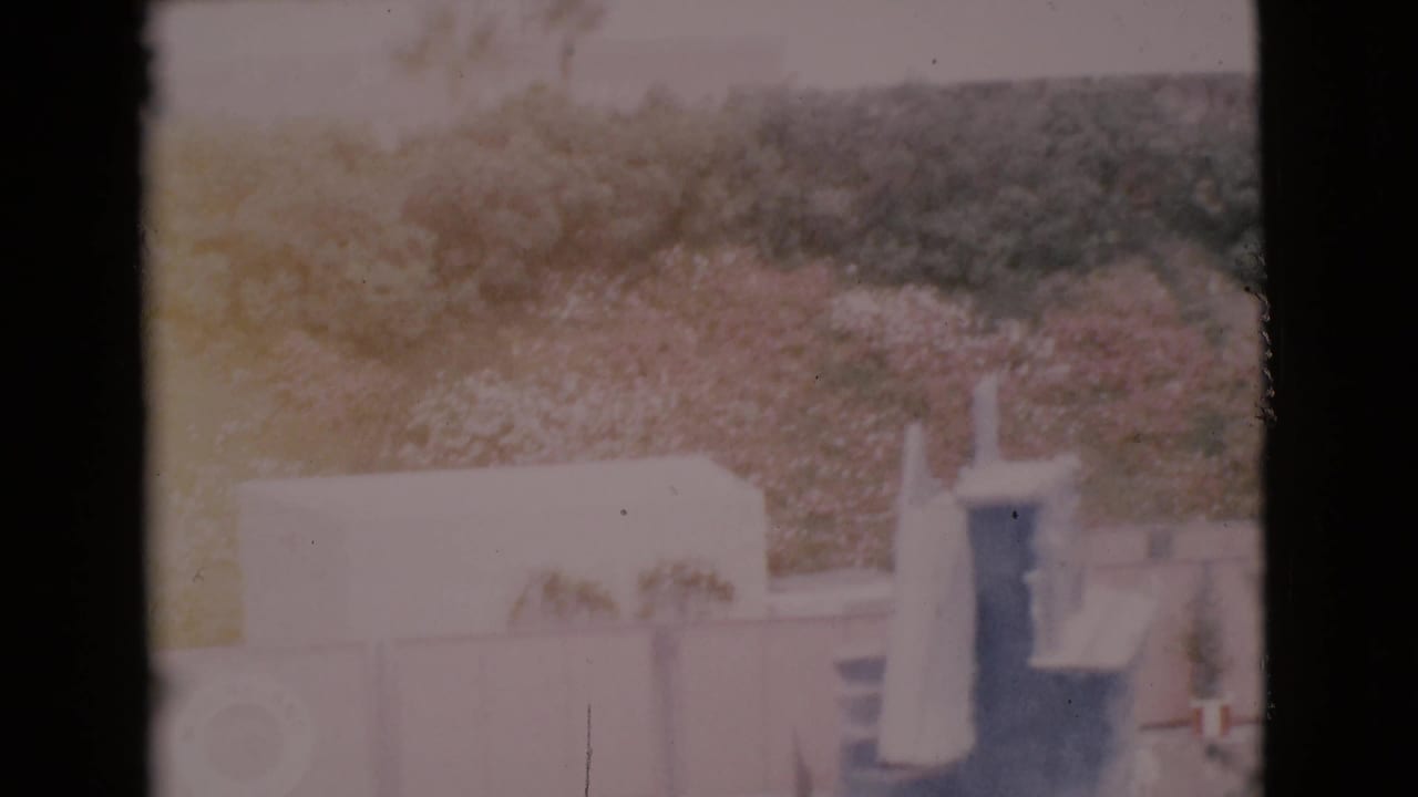 Soft 8mm frame of a pool edge, pale wall, diving structure, and hillside greenery.