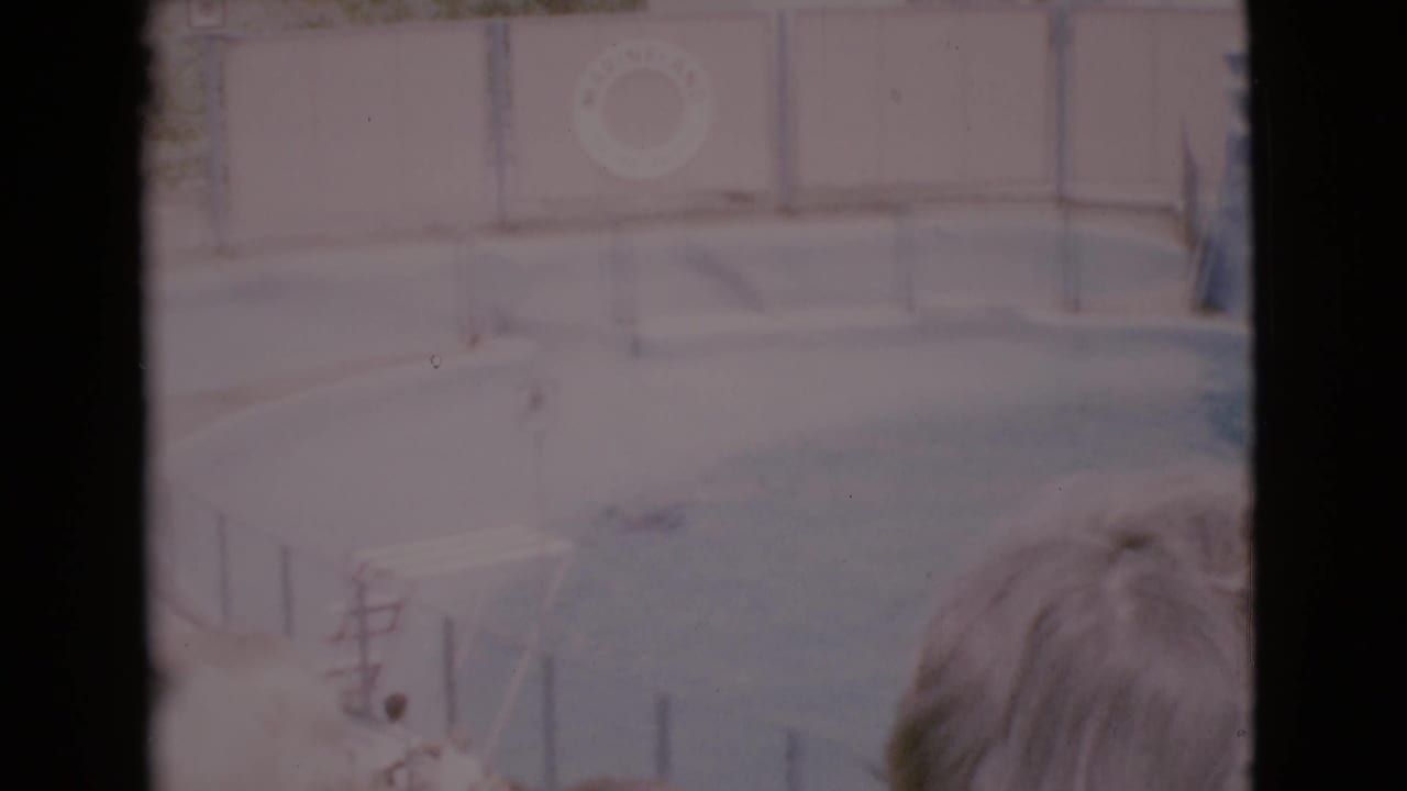 1968 San Diego County home-movie view of a marine show pool, with spectators in the foreground and a Marineland logo on the back wall.