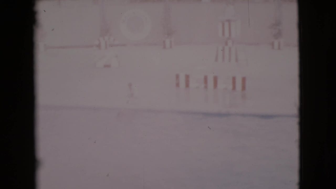 Faded 8mm pool scene with a dog on a surfboard near a pale pool deck.