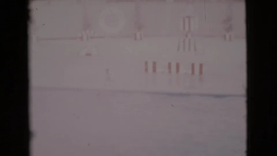 1968 San Diego County home-movie frame showing a dog balancing on a surfboard in a swimming pool, with poolside furniture faintly visible.