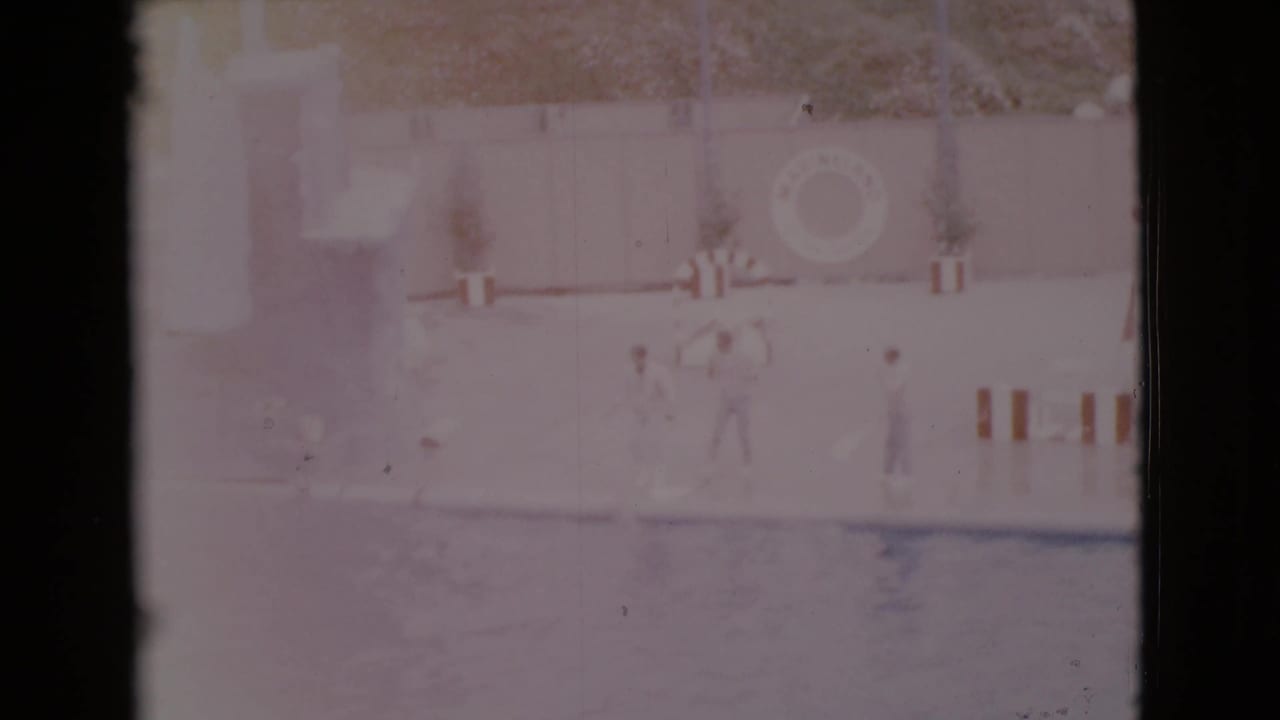 Dog on a surfboard in a pool with a life preserver and small people on the deck.