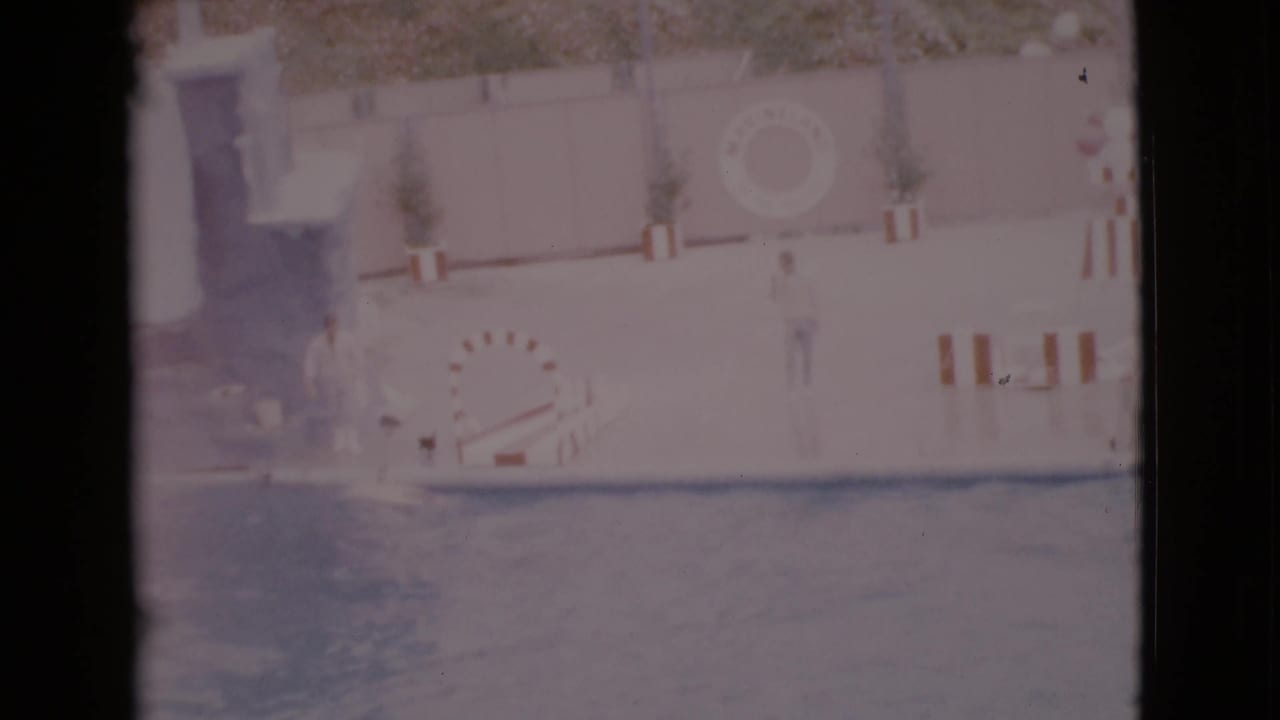 1968 San Diego home-movie frame of a dolphin show area with trainer, hoop, pool, wall life preserver, and plants.