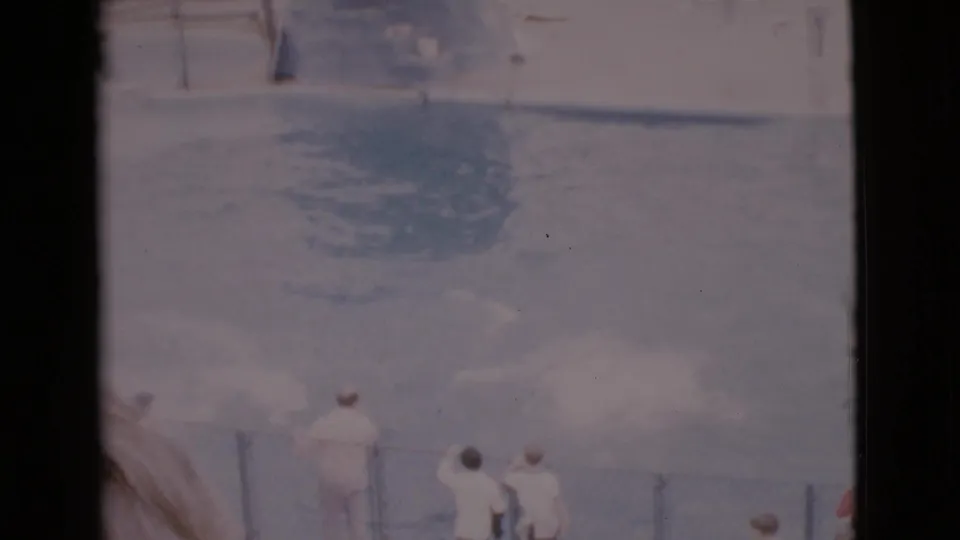 1968 San Diego County 8mm frame showing two white-clad attendants near pool fencing while a dolphin splash breaks the water.
