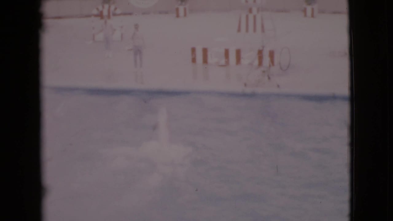 1968 San Diego County 8mm frame showing a dolphin surfacing in a marine-park pool with a distant person on the deck.