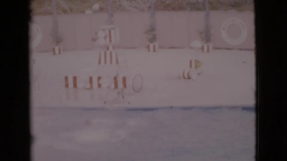 Final 1968 San Diego County frame of the dolphin-show pool area, with barriers, a life ring and faded 8mm color.