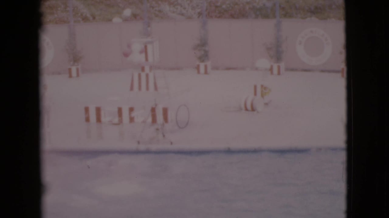 Soft 8mm frame of a poolside wall, striped stand, life ring, potted plants, and pool water.