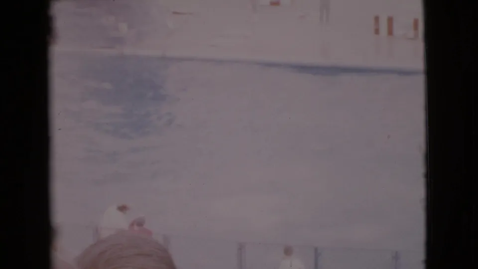 1968 San Diego County home-movie frame showing a dolphin performance pool with distant spectators and bleached 8mm color.