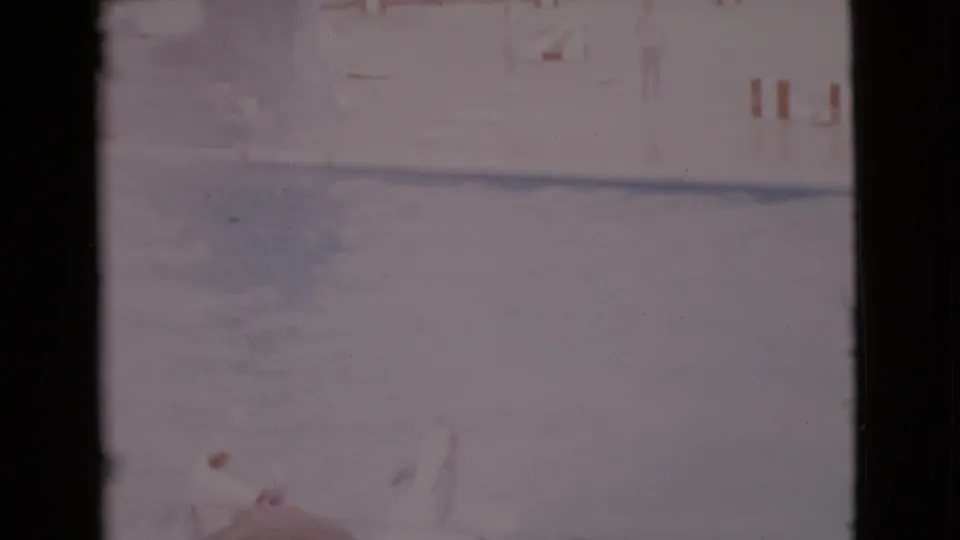 Faded 1968 San Diego County zoo footage frame with a dolphin in the pool and spectators along the far side.
