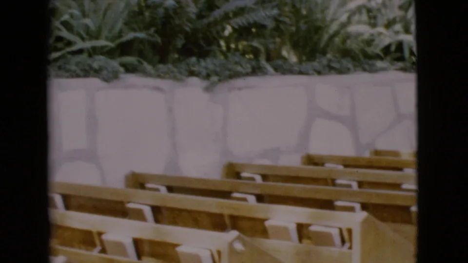 1968 San Diego County 8mm view of empty wooden church pews with a pale wall and dense foliage behind them.